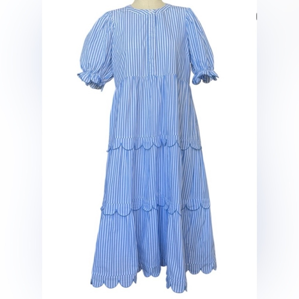 English Factory Blue and White scalloped edge tiered midi dress
